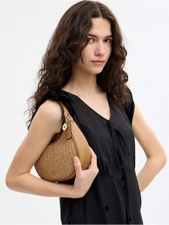 Coach Tan Woven Hobo Shoulder Bag with Floral Charm - Picture 3 of 4